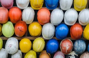 Worker helmets all lined up - make your own stand-by contract team.