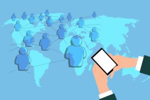 Icons of people connected over the globe.