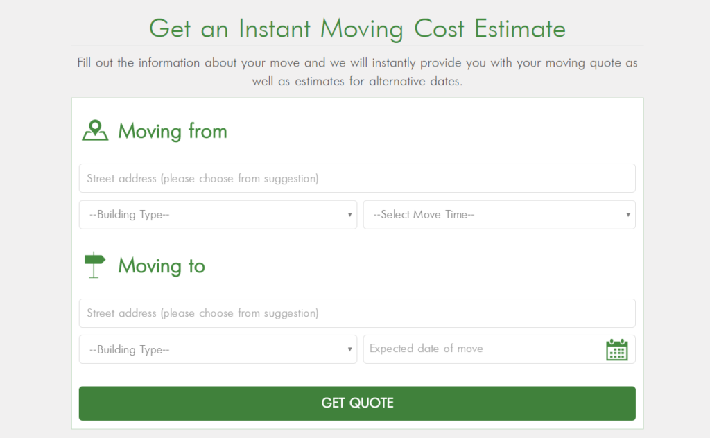Example of moving estimate form on Dumbo Moving and Storage NYC website