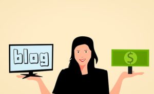 A graphic showing a woman holding money in one hand and a screen with a blog in the other.