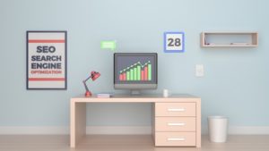 A graphic depicting an office with an 'SEO - Search Engine Optimization' poster above a desk.