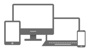 A graphic representing a desktop, tablet, phone and laptop.