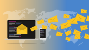 Many letters, symbolizing emails, arriving to a computer.