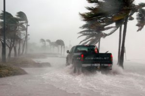 A car in the middle of a hurricane.