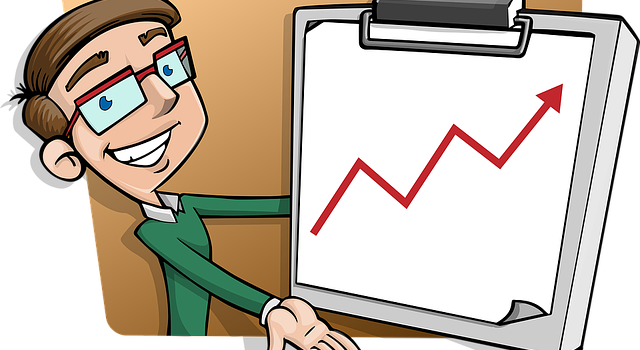 A drawing of a person showing a success chart with the arrow pointing up.