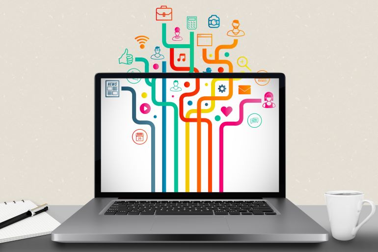 Laptop with colorful scheme of benefits