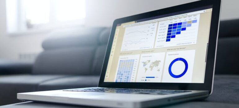 Laptop with data on screen.