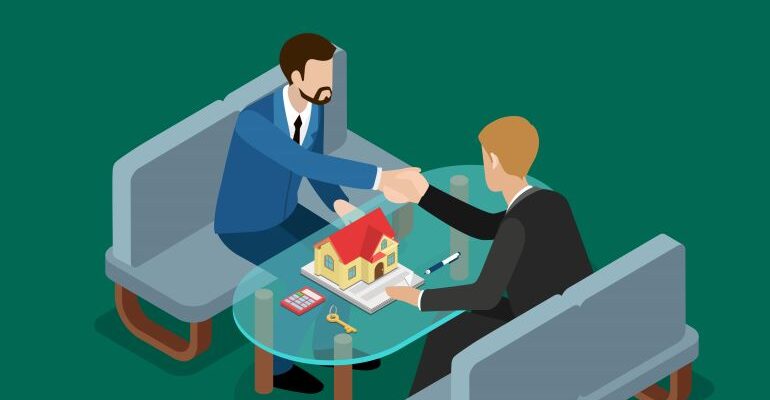 Illustration of a real estate deal between two men.