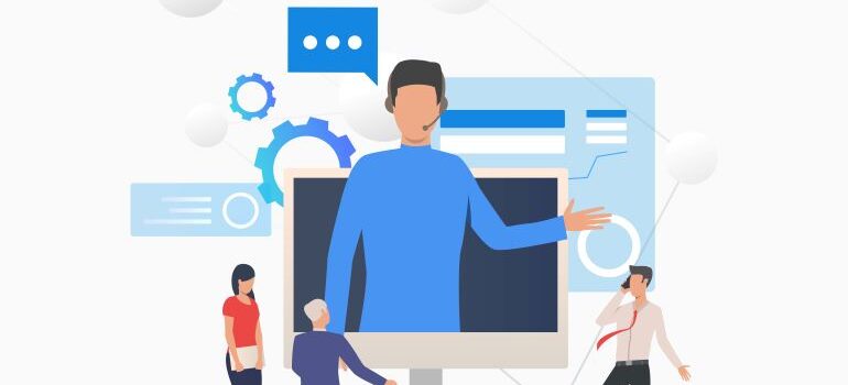 Person popping out of a screen to hold a presentation.